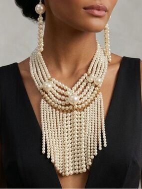 🔥🔥🆕High-End Elegant Multi-Strand Pearl Fringe Necklace and Earrings